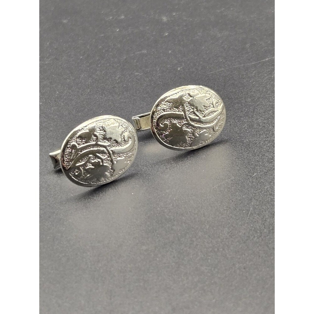 Men's Cufflinks Silver Tone Floral Theme